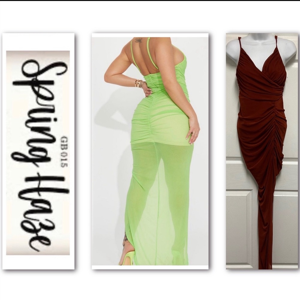Spring Haze Rust Sheer Ruched Asymmetrical Maxi Dress - Picture 12 of 12